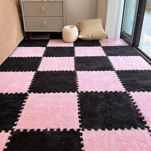 BESTORI 16 Stück Ineinandergreifende Plüsch Schaumstoffmatte, 30 x 30 cm Teppichfliesen, Puzzle Spielmatte Für Wohnzimmer Schlafzimmer Schwarz/Rosa