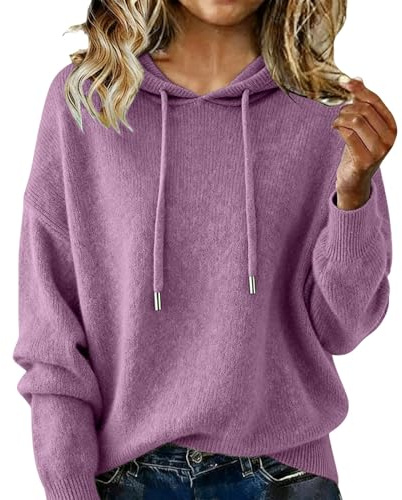Generisch Pull pour femme en laine mérinos 100 % laine pour l'automne et l'hiver Sweat à capuche décontracté à manches longues Pull en tricot uni doux et chaud durable Mode quotidienne, lilas, XL