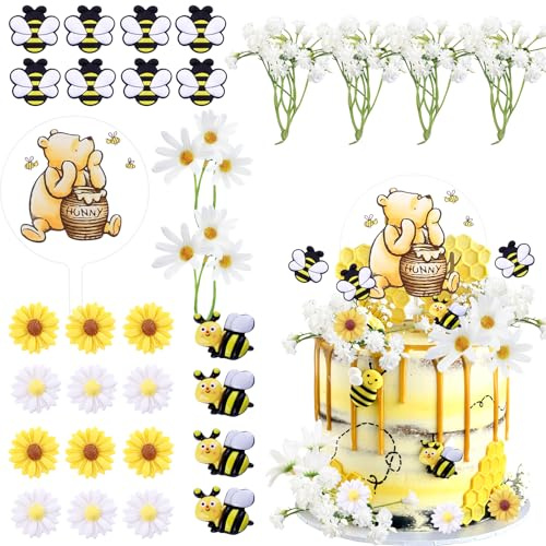 Morofme Nalle Puh tårtdekoration, 31 stycken, tårtdekoration, bin, blomma, gul, vit, tusensköna, tillbehör, Nalle Puh, fest, tårtdekoration, födelsedag för cupcake-topp, födelsedag, temafest