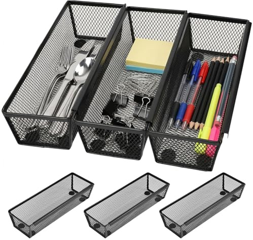ASOUUNLD 6er Set Besteckkasten für Schubladen Besteckeinsatz Schwarze Metallgitter Aufbewahrungsbox mit Ineinandergreifenden Seiten besteck organizer für Küche Büro Kosmetik Schmuck (22,5x8x5,2 cm)