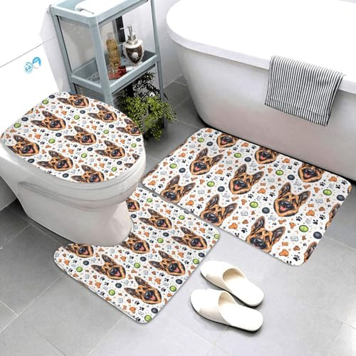 Nevjipu Set di 3 tappeti da bagno con stampa di pastore tedesco, assorbenti, antiscivolo, lavabili, a forma di U, morbidi tappetini da doccia per WC e vasca da bagno