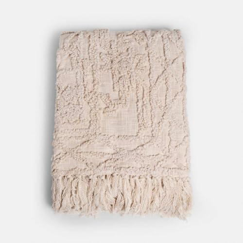 Loberon Plaid Norlinn - Getuftetes Relief - Boho Look - Verspielter Fransenabschluss - Überwurf - Tagesdecke - Wohntextilien - Baumwolle, beige