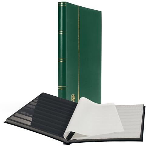 LIGHTHOUSE – “COMFORT” Padded Leather Cover Stockbook for Stamps - 32 Black Cardstock A4 Pages with Clear Strips and Double Linen Hinges - Green