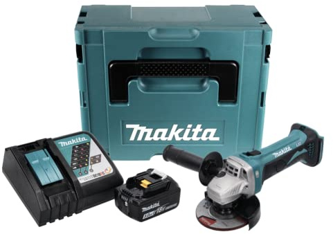 Makita DGA 452 RT1J Akku Winkelschleifer 18 V 115 mm + 1x Akku 5,0 Ah + Ladegerät + Makpac, Blau,schwarz,silber