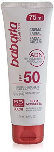Babaria - Crema Solar Facial BB Cream SPF50 UVA-UVB e Infrarrojos, Contiene Rosa Mosqueta y Aloe Vera, Antienvejecimiento y Antipolución, Resistente al Agua, Vegano, Unisex - 75 ml