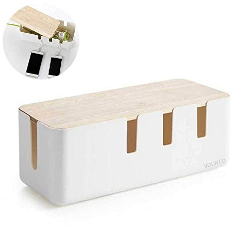 Volwco Kabelbox Groß Kabelmanagement-Box Aus ABS Kunststoff und Hölzern, Kabel Verwalten und Organisieren für Maximale Sicherheit, Weiß