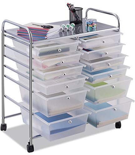 COSTWAY Rullvagn med 12 stapelbara lådor, lådvagnsbehållare med metallram och förvaringsyta, badrumsrullvagn, förvaringsvagn för kontor, vardagsrum (transparent)