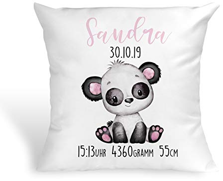 Personalisiertes Kissen mit Panda Bärchen Geschenk zur Geburt oder Taufe mit Namen und Datum Mädchen Bär