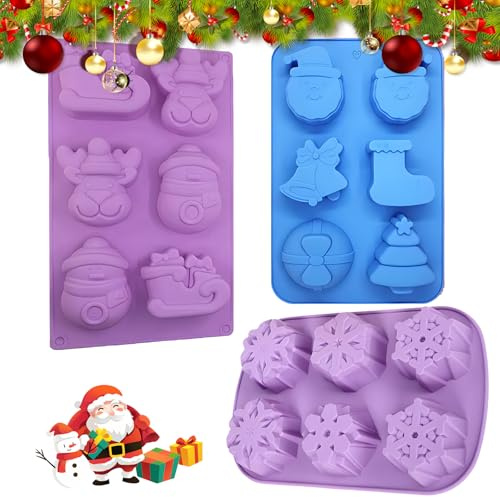 3 Stück Weihnachts Silikonformen,Seifen Schokoladen Cake Pudding Jelly Mould,mit Form von Schneeflocke/Schneemann/Rentier/Schlitten/Weihnachtsmann/Glocken,je 6 Hohlräume - Drei Arten,Zufällige Farben