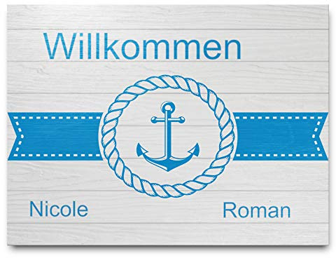 Maritimes Türschild mit Anker und Namen aus Holz | Namensschild für Briefkasten, Hauswand oder Tür mit Wunsch-Beschriftung in weißer Holz Optik