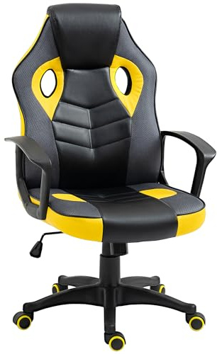 Vinsetto Silla Gaming ergonómica, silla de oficina giratoria con ruedas de piel sintética negra y amarilla, altura ajustable