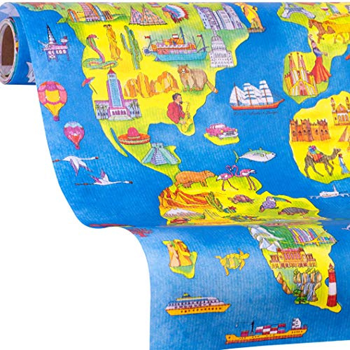 Geschenkpapier Welt | Weltkarte ONE WORLD | 5m Papier-Rolle zum Geschenke einpacken | Mädchen, Jungs zum Geburtstag, Ostern, Einschulung