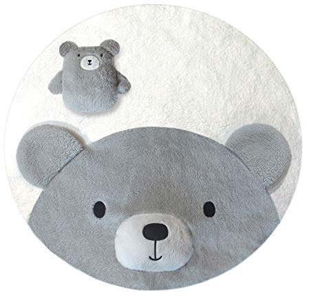 Baby-Spielmatte 3D Krabbeldecke rund | Grau Creme 90cm Durchmesser | süßer Bär-Motiv mit extra Spiel-Bär | Super Weiches Sherpa oberflache | Wendbar | passt in jedes Babyzimmer