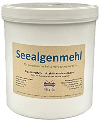 MERVELA Farina di alghe marine per cani | 500 grammi | minerali alghe cane | supporta la bocca, il pelo, la pelle e la tiroide | additivo ottimale per alimenti Barf in polvere | Integratore alimentare