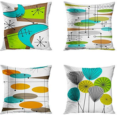 Awowee Set of 4 Throw Pillow Cover 50x50cm/20x20inches Atomic Era Inspired Boomerang Design Abstract Ovals Home Decor Pillowcase Square Cushion Cover For Sofa Bed Couch