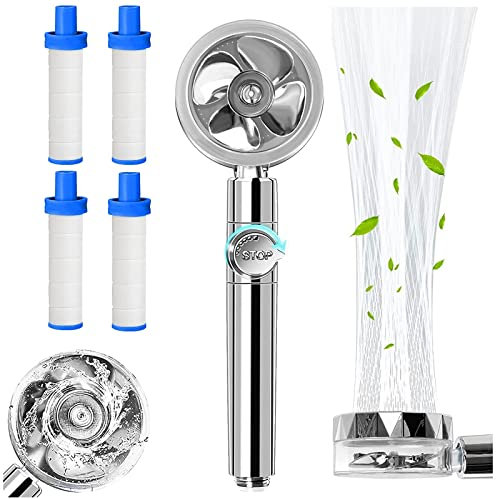 Propeller Shower Head, High Pressure Water Saving Shower Head with 4pcs Filter, 360° Rotating Hydro Jet Shower Head, Propeller Driven Handheld Shower Head, Turbo Fan Spa Shower Head (Silver)