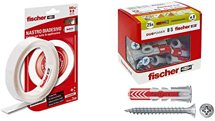 Fischer 552162 Nastro Biadesivo NTJH Trasparente, Fino a 300 kg per Rotolo, Resistente all'Acqua & 25 Tasselli Duopower con Vite, 8 x 40 mm, per Muro pieno, Mattone Forato, Cartongesso, 544017