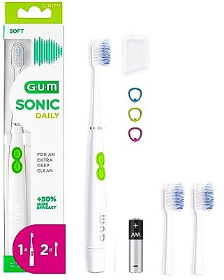 GUM SONIC DAILY Spazzolino elettrico sonico a batteria | Per una pulizia delicata e approfondita | 1x spazzolino da denti, 2x testine di ricambio, 1x batteria AAA (Bianco)