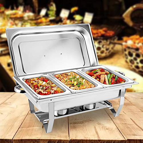KenSyuInt 9L 3 Grid Chafing Dish Calentador de alimentos de acero inoxidable con tapa para buffet