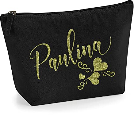 Personalisiert Name Initialen Text 3 Herz Wirbel Kosmetiktasche Damen Schminktasche für Handtasche Makeup Tasche mit Texturdruck - Gold Glitter - S | Schwarz