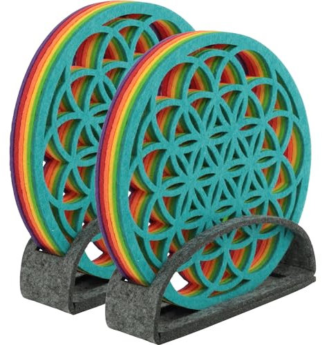 BIASTO Filz-Untersetzer 2X 6er-Set mit Ständer | Blume des Lebens & Esoterische Dekoration | Yoga & Wellness Zubehör | 10cm Durchmesser | Made in Germany