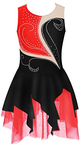 TiaoBug Vestito da Pattinaggio Artistico Bambina Balletto Leotards Body Danza Classica Ginnastica Artistica con Strass Abito da Balletto Ballo Latino Americano per 6-16 Anni Nero&Rosso 15-16 anni