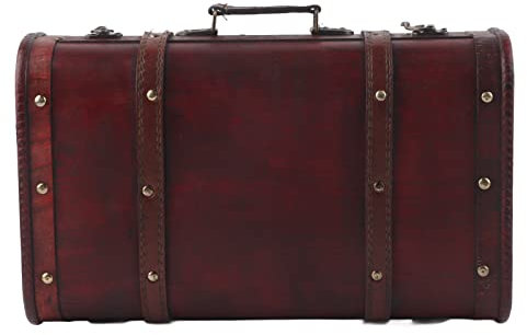 Tiiyee Vintage Wooden Trunk, With Brass Hardware Antique Chest Handcrafted Decorative Vintage Suitcase Storage Box for Home Décor Photo Props Distressed Display Crate with Hinged Lid (14.9x9x5.3)