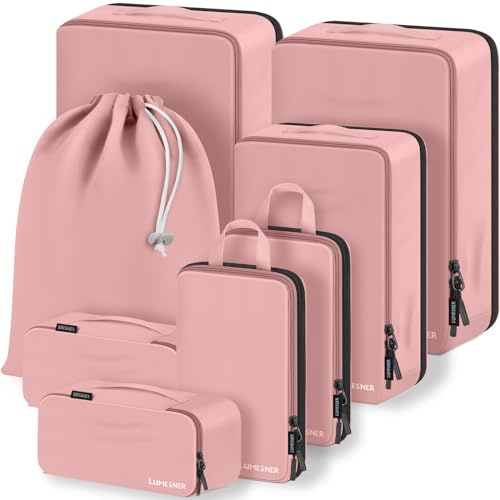 Compression Packing Cubes, Lumesner 8 Set Travel Essentials Packing Cubes for Carry on Suitcases, Compression Suitcase Organizers Bag Set & Travel Cubes (8-piece, Pink)