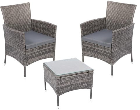 Albatros Balkonmöbel Set 3 teilig, Rattan Polyrattan, 2 Sessel mit Tisch, Lounge Set Balkon Gartenlounge Gartenmöbel Sitzgruppe mit Kissen und Glastisch, für Garten Terrasse Outdoor
