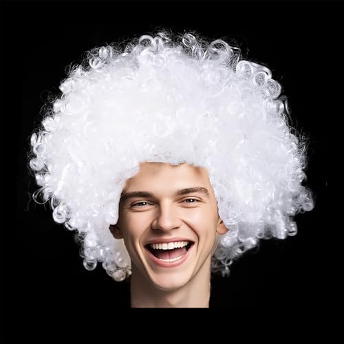 Afro Clown Perücke Lockenkopf Lockenperücke Afroperücke Fasching Kostüm Wig für Herren Damen Karneval Halloween (Weiß)