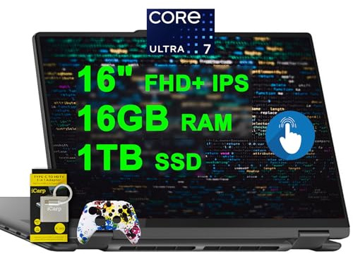 Lenovo Yoga 7 16 2-in-1 AI PC Laptop 16 FHD+ IPS Touch Glossy Intel 12-core Ultra 7 155U 16GB RAM 1TB SSD Backlit Fingerprint Thunderbolt4 FHD IR Privacy Camera Rapid Charge Win11 w/ICP Accessory