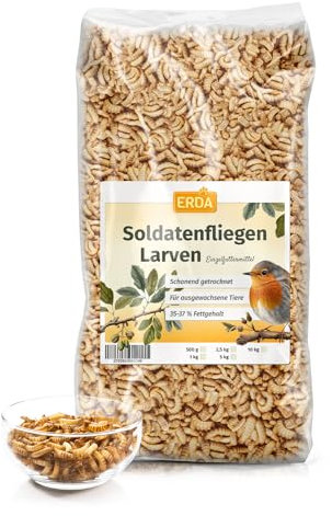 ERDA® Getrocknete Soldatenfliegenlarven 500g - Natürliches, Proteinreiches Vogelfutter für Wildvögel und Igel, Ideal als Leckerlies und Snack, Hochwertiges Insektenfutter