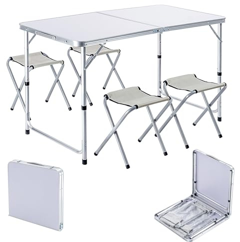 KADAX Juego de Muebles de Camping: Mesa Plegable Con 4 Sillones Ajustables en Altura, Multifunción (Plata y Blanco)