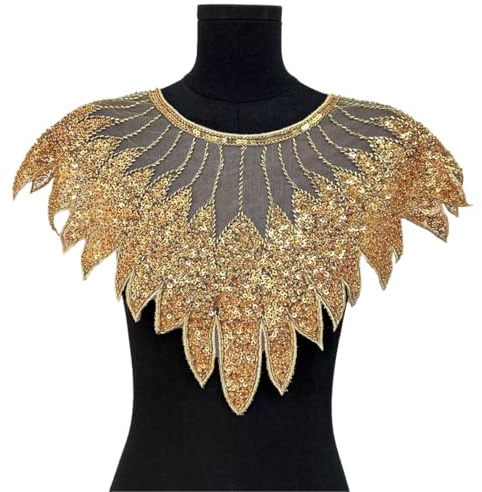 WANYI Spitze Applique Patch Stickerei Spitzenkragen Halskragen Pailletten Spitze Ausschnitt Einsatzkragen Kragen Verzieren für DIY Brautkleid Dekoration Kleidung Zubehör (Gold)