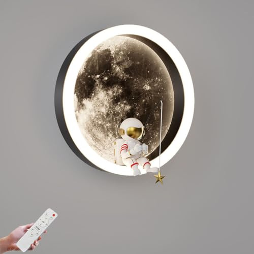 LOGT Mond Wandlampe Innen Dimmbar mit Fernbedienung LED Wandleuchte Kinderzimmer Aktualisierung Astronaut Wand Lampe Madchen Junge Art Deco Lampe Modern Runde Wandbeleuchtung Metall Acryl