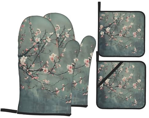 4Pcs Oven Mitts and Pot Holders Imprimé Fleurs De Cerisier Japonais Kitchen Potholders Coton Doublure BBQ Gloves, pour Cuisson, Patisserie, Cuisiner