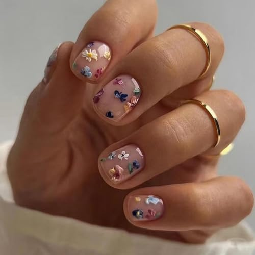 GlamRays 24 Stück Blumen Aufkleber Nägel Kurze Quadratische Falsche Nägel Nude Falsche Nägel mit Kleinen Blüten Designs Glänzend Kleben Nägel Acryl