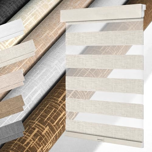MoDanCeQ No Drill No Tools Zebra Blinds for Windows,Linen Fabric Cordless Zebra Shades,Custom Double-Layer Window Blinds,Easy to Install Roller Shades, Ivory White,Custom Size