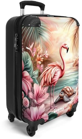 NoBoringSuitcases© Handgepäck Koffer Kinder Reisekoffer Kinderkoffer mit 4 | 55x35x20 cm - Rollen Leicht Cabin Trolley Hartschalenkoffer Flugzeug Flamingo - Schildkröte - Strand - Dschungel