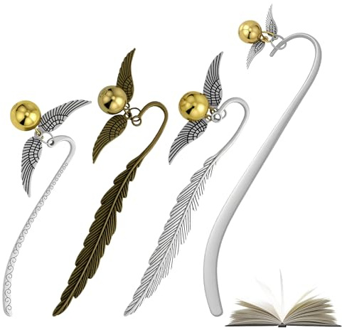 4 stycken magiska fjäderbokmärken, Harry, metall, gyllene Schnatz bokmärken, presenter till läsarmattor/dam/tonåringar/flickor (silver + guld)