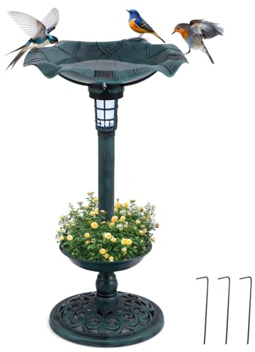GYMAX Vogeltränke stehend, Vogelbecken mit Solarleuchte, Vogelbad Garten stehend mit Blumenkübel & befüllbarem Ständer, Vogelfutterstelle, Futterstation für Balkon & Garten, Nr. 2 Bronze