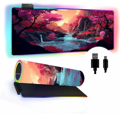 FANSU Tapis de Souris Gaming RGB XXL, Arbre Lune Impression Antidérapante Grand sous Main Bureau, 14 Effets d'éclairage LED, pour Clavier et Souris, Mouse Pad pour PC Gamer (Orange,900x400x4mm)