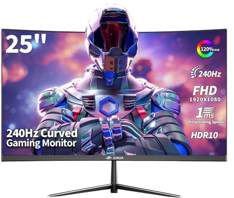 CRUA Moniteur de Jeu 24.5 Pouces FHD (1920 x 1080), Incurvé Écran PC, 240 Hz, 1 ms (MPRT), Adaptive Sync, 120% sRGB,Technologie Eye Care Plus, lumière Bleue, Flicker Free,VESA,DP, HDMI,Noir