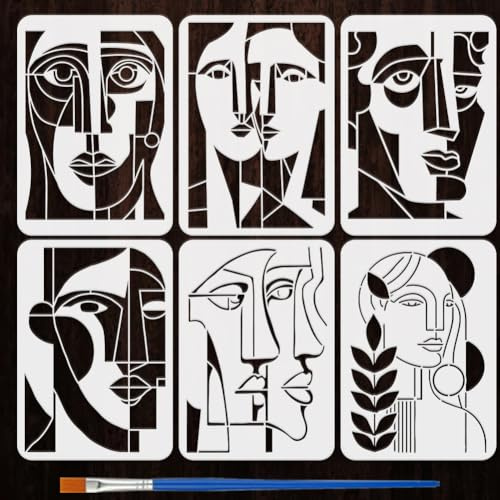 FINGERINSPIRE 6 Stück Abstrakte Gesichtsmalerei Schablonen Mit Pinsel 21x29.7cm Menschliche Gesichts Silhouette Schablone Geometrische Abstrakte Figuren Schablonen Zum Malen Auf Wandmöbeln Dekoration