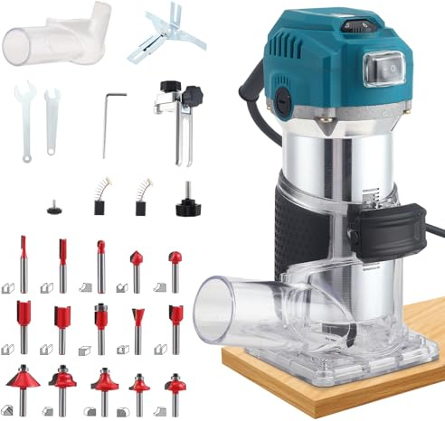 800W Electric Palm Router Tool, Professional Wood Trimmer with Metal Base, 6 Variable Speeds 33000RPM Power Router with 15PCS 1/4 Router Bits Set & 2 Collets (6.0mm/6.35mm) (Dust Cover - Blue)