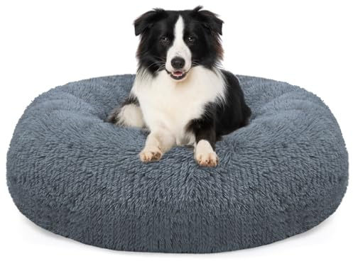 MDDK DY Hundebett Rund 80 cm Waschbares Plüschbett für mittelgroße Hunde | Langplüsch Extra dicke PP-Füllung Hohe Rücksprungkraft Rutschfester Boden Maschinenwaschbar Plüschbett für Hunde bis 20 kg