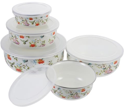 Ipetboom Set 5 Pezzi Ciotole Smaltate con Coperchio, Ciotola per Conservare Alimenti e Mescolare, Insalatiera e Ciotola per Noodles Istantanei, Contenitori Cucina per Mantenere Freschezza