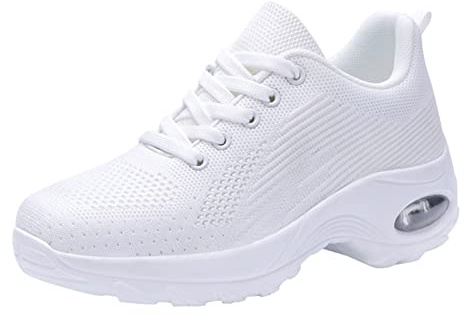 Zapatillas deportivas de verano para mujer, zapatillas deportivas con acolchado de aire, zapatos deportivos de malla, transpirables, de un solo color, antideslizantes, para exteriores, Blanco, 38 EU