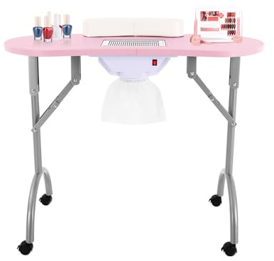 Mesa de manicura multifunción, portátil, plegable, con ventilador, mesa de manicura, mesa de manicura, mesa de uñas, carga máxima de 35 kg, para uso en casa, salón de uñas, oficina, color rosa