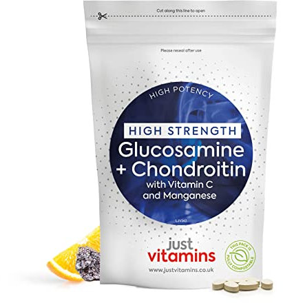 Glucosamine and Chondroitin High Strength 500mg/400mg | Joint Health & Collagen Formation Support | with Vitamin C + Manganese | 90 Tablets | UK Made - Just Vitamins
